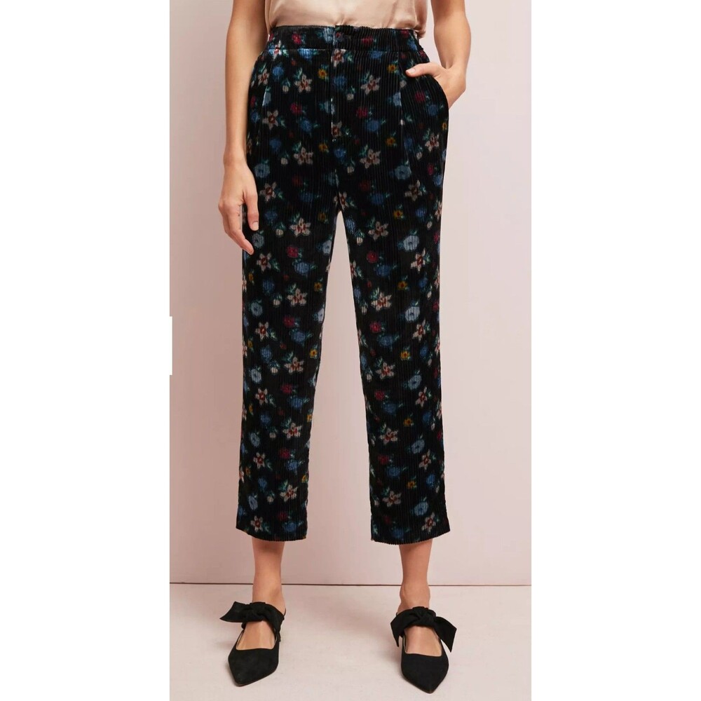 Anthropologie Black Floral Velvet Corduroy Straight-Leg Pants